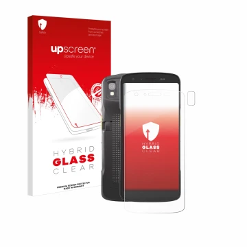 Vorderseite einer Produktverpackung mit dem Markenlogo upscreen. Daneben ist das Gerät Zebra TC22 (Display+Kamera) mit dem zug