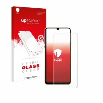 Vorderseite einer Produktverpackung mit dem Markenlogo upscreen. Daneben ist das Gerät Samsung Galaxy A05 mit dem zugehörigen 