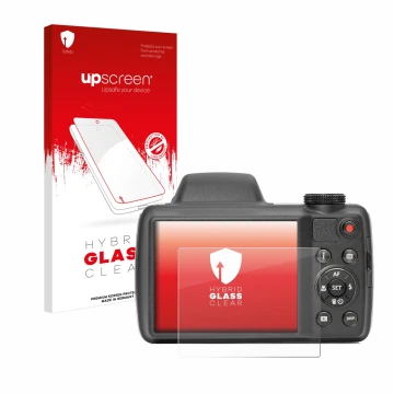 Vorderseite einer Produktverpackung mit dem Markenlogo upscreen. Daneben ist das Gerät Kodak Pixpro AZ528 mit dem zugehörigen 