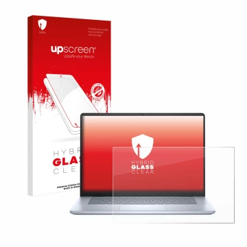 Vorderseite einer Produktverpackung mit dem Markenlogo upscreen. Daneben ist das Gerät Dell Inspiron 16 Plus 7640 mit dem zuge