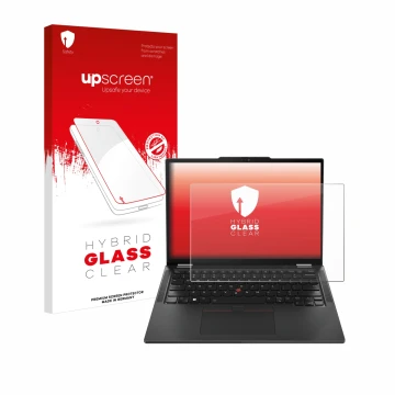 Vorderseite einer Produktverpackung mit dem Markenlogo upscreen. Daneben ist das Gerät Lenovo ThinkPad X13 Gen 5 mit dem zugeh