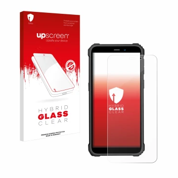 Vorderseite einer Produktverpackung mit dem Markenlogo upscreen. Daneben ist das Gerät Oukitel WP32 mit dem zugehörigen Displa