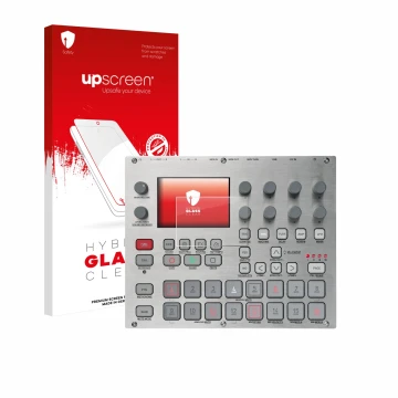 Vorderseite einer Produktverpackung mit dem Markenlogo upscreen. Daneben ist das Gerät Elektron Syntakt E25 Remix Edition mit 