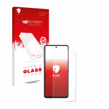 Vorderseite einer Produktverpackung mit dem Markenlogo upscreen. Daneben ist das Gerät Infinix GT 20 Pro mit dem zugehörigen D