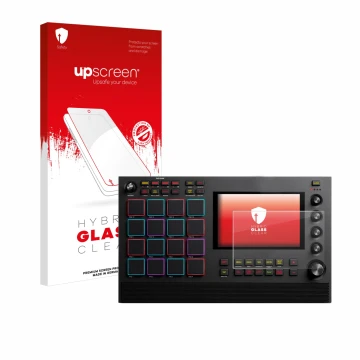 Vorderseite einer Produktverpackung mit dem Markenlogo upscreen. Daneben ist das Gerät Akai MPC Live II mit dem zugehörigen Di