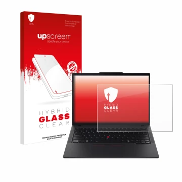 Vorderseite einer Produktverpackung mit dem Markenlogo upscreen. Daneben ist das Gerät Lenovo ThinkPad T14s Gen 5 mit dem zuge