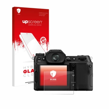 Vorderseite einer Produktverpackung mit dem Markenlogo upscreen. Daneben ist das Gerät Fujifilm GFX100S II mit dem zugehörigen