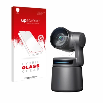 Vorderseite einer Produktverpackung mit dem Markenlogo upscreen. Daneben ist das Gerät OBSBOT Tail Air mit dem zugehörigen Dis