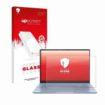 Vorderseite einer Produktverpackung mit dem Markenlogo upscreen. Daneben ist das Gerät ASUS Vivobook S16 OLED S5606 mit dem zu