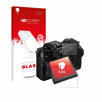 Vorderseite einer Produktverpackung mit dem Markenlogo upscreen. Daneben ist das Gerät Fujifilm GFX100S II (Display + Schulter