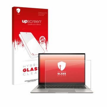 Vorderseite einer Produktverpackung mit dem Markenlogo upscreen. Daneben ist das Gerät ASUS ZenBook S 13 OLED UX5304 mit dem z