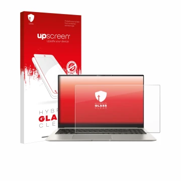 Vorderseite einer Produktverpackung mit dem Markenlogo upscreen. Daneben ist das Gerät ASUS ZenBook 15 OLED UM3504 mit dem zug