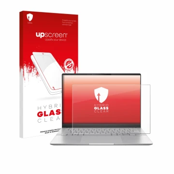 Vorderseite einer Produktverpackung mit dem Markenlogo upscreen. Daneben ist das Gerät ASUS Vivobook S 14 OLED M5406 mit dem z