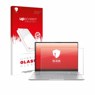 Vorderseite einer Produktverpackung mit dem Markenlogo upscreen. Daneben ist das Gerät ASUS Vivobook S16 OLED M5606 mit dem zu