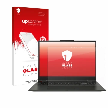 Vorderseite einer Produktverpackung mit dem Markenlogo upscreen. Daneben ist das Gerät ASUS Vivobook S 16 Flip TN3604 mit dem 