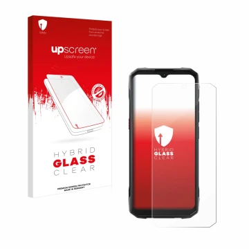 Vorderseite einer Produktverpackung mit dem Markenlogo upscreen. Daneben ist das Gerät Hotwav Cyber 15 mit dem zugehörigen Dis