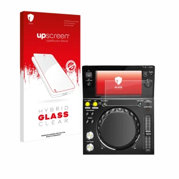 Vorderseite einer Produktverpackung mit dem Markenlogo upscreen. Daneben ist das Gerät Pioneer XDJ -700 mit dem zugehörigen Di
