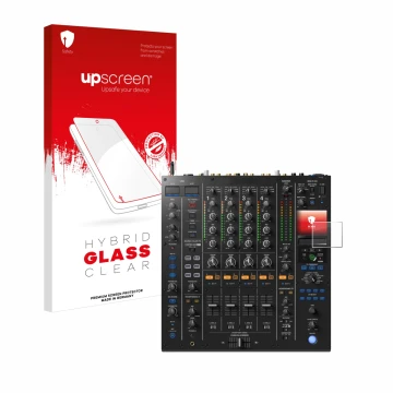 Vorderseite einer Produktverpackung mit dem Markenlogo upscreen. Daneben ist das Gerät Pioneer DJM A9 mit dem zugehörigen Disp