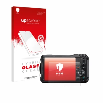 Vorderseite einer Produktverpackung mit dem Markenlogo upscreen. Daneben ist das Gerät Ricoh Pentax WG-8 mit dem zugehörigen D