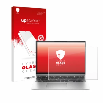 Vorderseite einer Produktverpackung mit dem Markenlogo upscreen. Daneben ist das Gerät HP EliteBook 845 G11 mit dem zugehörige