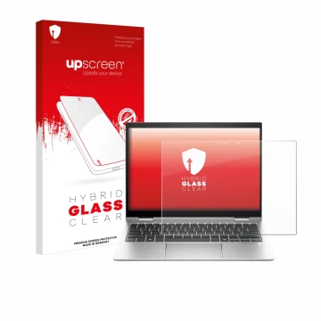 Vorderseite einer Produktverpackung mit dem Markenlogo upscreen. Daneben ist das Gerät HP Elite x360 830 G11 2-in-1 mit dem zu