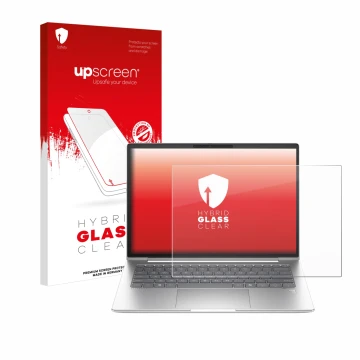 Vorderseite einer Produktverpackung mit dem Markenlogo upscreen. Daneben ist das Gerät HP EliteBook 645 G11 mit dem zugehörige