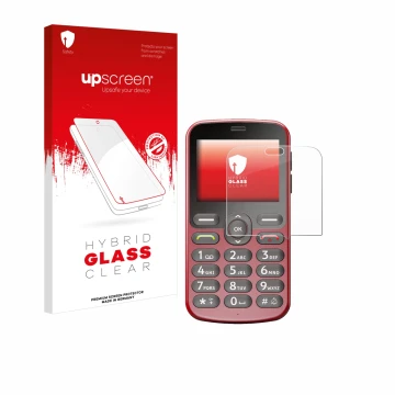 Vorderseite einer Produktverpackung mit dem Markenlogo upscreen. Daneben ist das Gerät Doro 1880 mit dem zugehörigen Displaysc