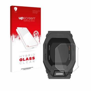 Vorderseite einer Produktverpackung mit dem Markenlogo upscreen. Daneben ist das Gerät Casio G-Shock GBD-200 mit dem zugehörig