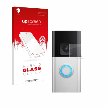 Vorderseite einer Produktverpackung mit dem Markenlogo upscreen. Daneben ist das Gerät Ring Battery Video Doorbell Pro mit dem