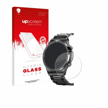 Vorderseite einer Produktverpackung mit dem Markenlogo upscreen. Daneben ist das Gerät Powerwill Smartwatch 1.39