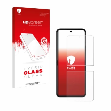 Vorderseite einer Produktverpackung mit dem Markenlogo upscreen. Daneben ist das Gerät Motorola Razr 50 mit dem zugehörigen Di