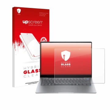 Vorderseite einer Produktverpackung mit dem Markenlogo upscreen. Daneben ist das Gerät HP OmniBook X AI 14 mit dem zugehörigen