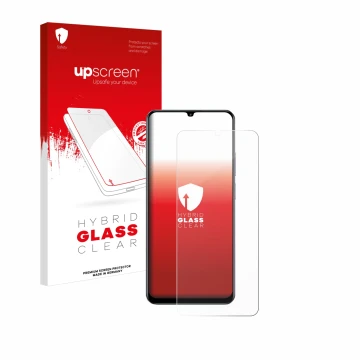 Vorderseite einer Produktverpackung mit dem Markenlogo upscreen. Daneben ist das Gerät realme C61 mit dem zugehörigen Displays