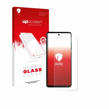 Vorderseite einer Produktverpackung mit dem Markenlogo upscreen. Daneben ist das Gerät Motorola Moto G04 mit dem zugehörigen D