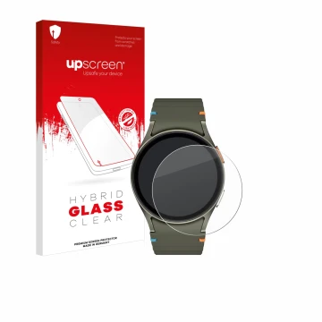 Vorderseite einer Produktverpackung mit dem Markenlogo upscreen. Daneben ist das Gerät Samsung Galaxy Watch 7 (40 mm) mit dem 