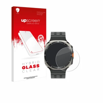 Vorderseite einer Produktverpackung mit dem Markenlogo upscreen. Daneben ist das Gerät Samsung Galaxy Watch Ultra (47 mm) mit 
