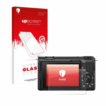 Vorderseite einer Produktverpackung mit dem Markenlogo upscreen. Daneben ist das Gerät Sony Alpha ZV-E10 II mit dem zugehörige