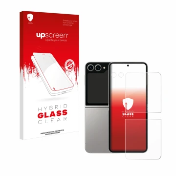 Vorderseite einer Produktverpackung mit dem Markenlogo upscreen. Daneben ist das Gerät Samsung Galaxy Z Flip 6 (Display+Kamera