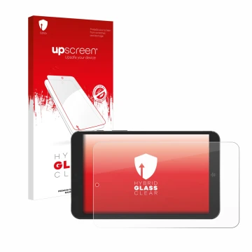 Vorderseite einer Produktverpackung mit dem Markenlogo upscreen. Daneben ist das Gerät Mediacom SmartPad Iyo 8 mit dem zugehör