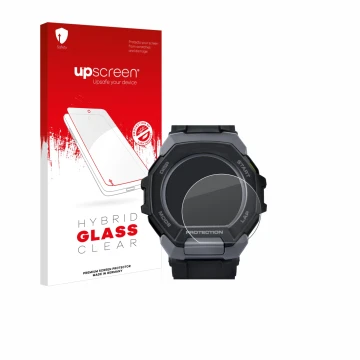 Vorderseite einer Produktverpackung mit dem Markenlogo upscreen. Daneben ist das Gerät Casio G-Shock G-Squad GBD-300 mit dem z