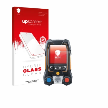 Vorderseite einer Produktverpackung mit dem Markenlogo upscreen. Daneben ist das Gerät Testo 550s mit dem zugehörigen Displays