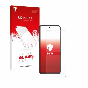 Vorderseite einer Produktverpackung mit dem Markenlogo upscreen. Daneben ist das Gerät Nubia Flip 5G mit dem zugehörigen Displ