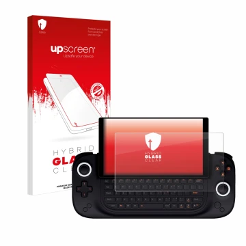 Vorderseite einer Produktverpackung mit dem Markenlogo upscreen. Daneben ist das Gerät Ayaneo Slide mit dem zugehörigen Displa