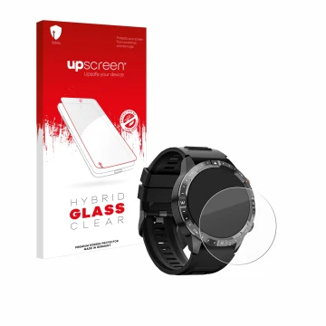 Vorderseite einer Produktverpackung mit dem Markenlogo upscreen. Daneben ist das Gerät Sanorum Smartwatch 1.43