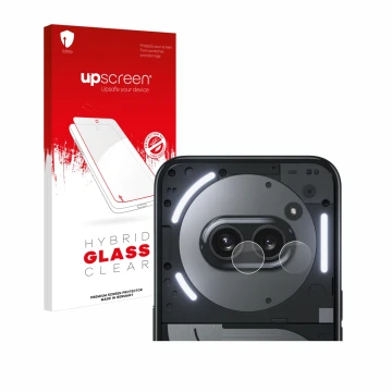 Vorderseite einer Produktverpackung mit dem Markenlogo upscreen. Daneben ist das Gerät Nothing Phone (2a) Plus (NUR Kameraschu