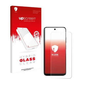Vorderseite einer Produktverpackung mit dem Markenlogo upscreen. Daneben ist das Gerät Motorola G34 5G mit dem zugehörigen Dis