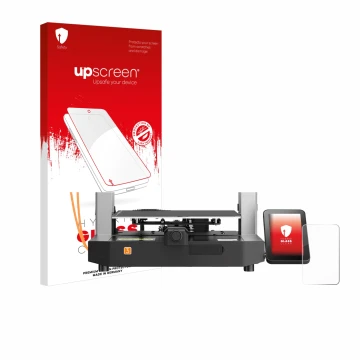 Vorderseite einer Produktverpackung mit dem Markenlogo upscreen. Daneben ist das Gerät Anycubic Kobra 3 mit dem zugehörigen Di