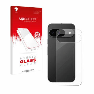 Vorderseite einer Produktverpackung mit dem Markenlogo upscreen. Daneben ist das Gerät Google Pixel 9 (Rückseite) mit dem zuge