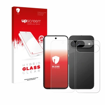 Vorderseite einer Produktverpackung mit dem Markenlogo upscreen. Daneben ist das Gerät Google Pixel 9 (Display+Rückseite) mit 