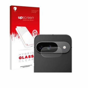 Vorderseite einer Produktverpackung mit dem Markenlogo upscreen. Daneben ist das Gerät Google Pixel 9 (NUR Kameraschutz) mit d